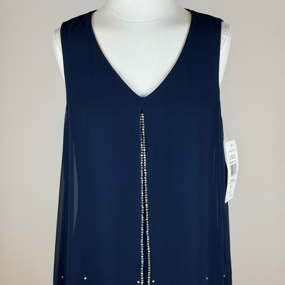 NWT MSK Navy Sleeveless Rhinestone Pearl Embellished Shift Dress Womens Sz Large - Picture 3 of 11
